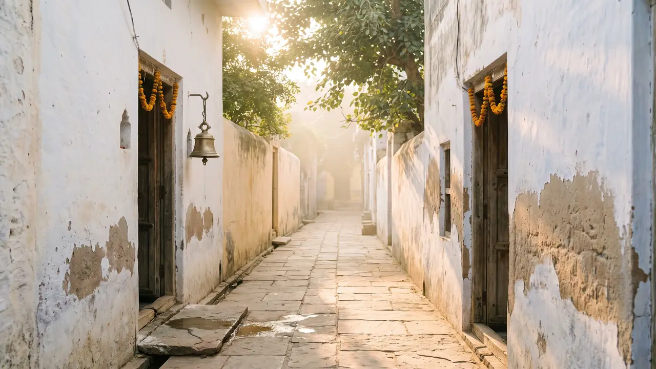 A whitewashed lane shaded by spreading trees, with marigold garlands looped over two doorways and a plain brass bell beside a door.