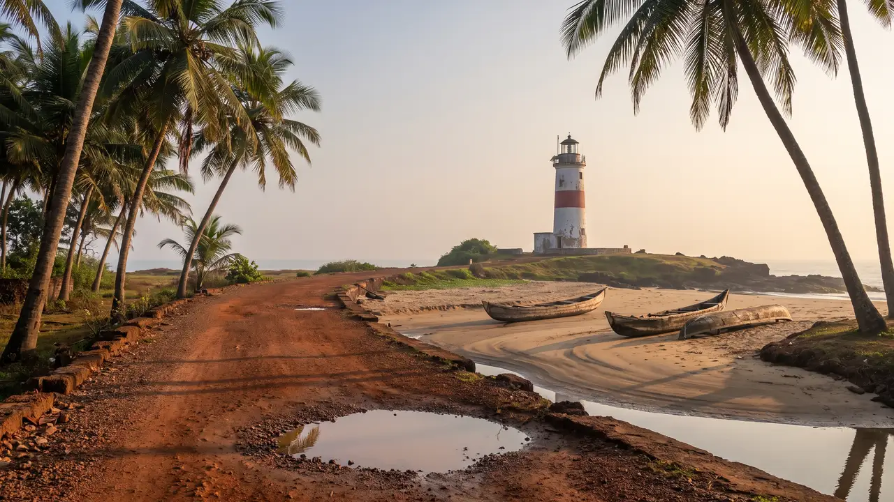 A rust-red laterite lane under leaning coconut palms leading to a sandy shore with three wooden dugout canoes, one upturned, and a weathered white lighthouse with a broad red band on the headland at dawn.
