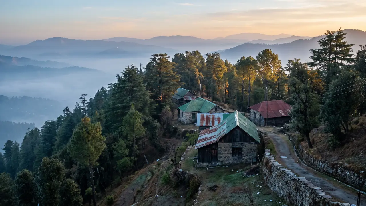 A misty hill-station ridge of deodar and pine with a few tin-roofed cottages and a winding lane at first light.