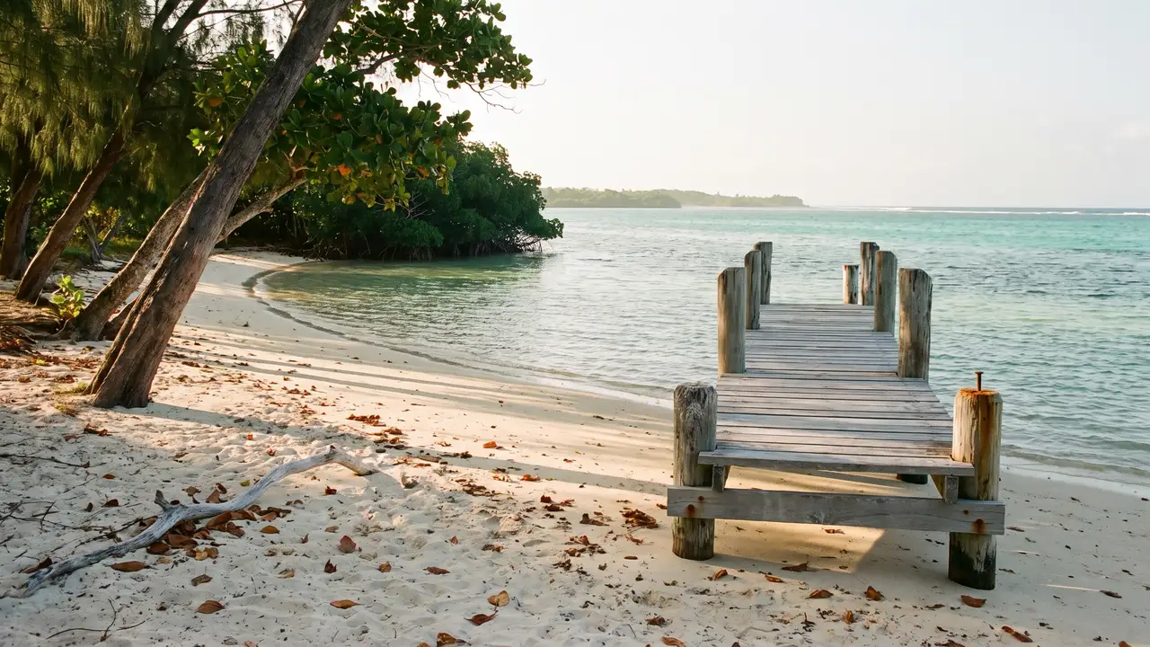 White sand and turquoise shallows with shore trees leaning over the beach and an empty wooden jetty in soft morning light.