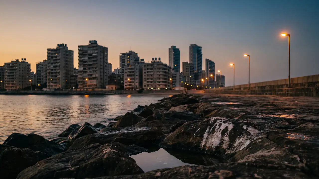 A hazy dusk skyline of concrete apartment blocks and a few glass towers across calm water, seen from wet rocks on a low seawall.