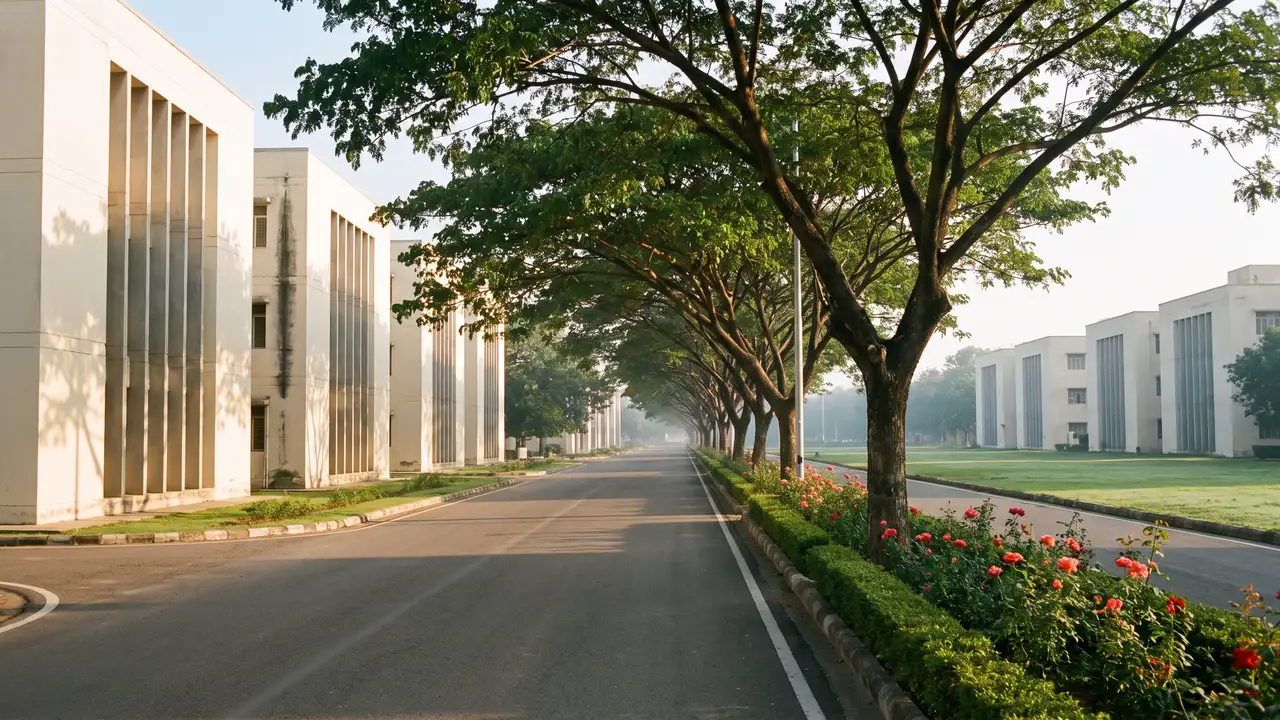 A wide empty tree-lined boulevard with pale low-rise buildings shaded by deep concrete sun-breakers, a rose garden at its edge in early morning light.