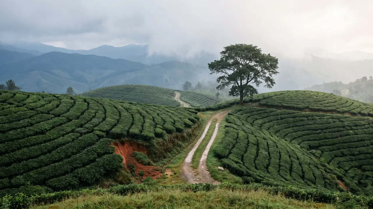 Contoured tea terraces in mist with a lone shade tree, a narrow estate road, and layered blue hills behind.