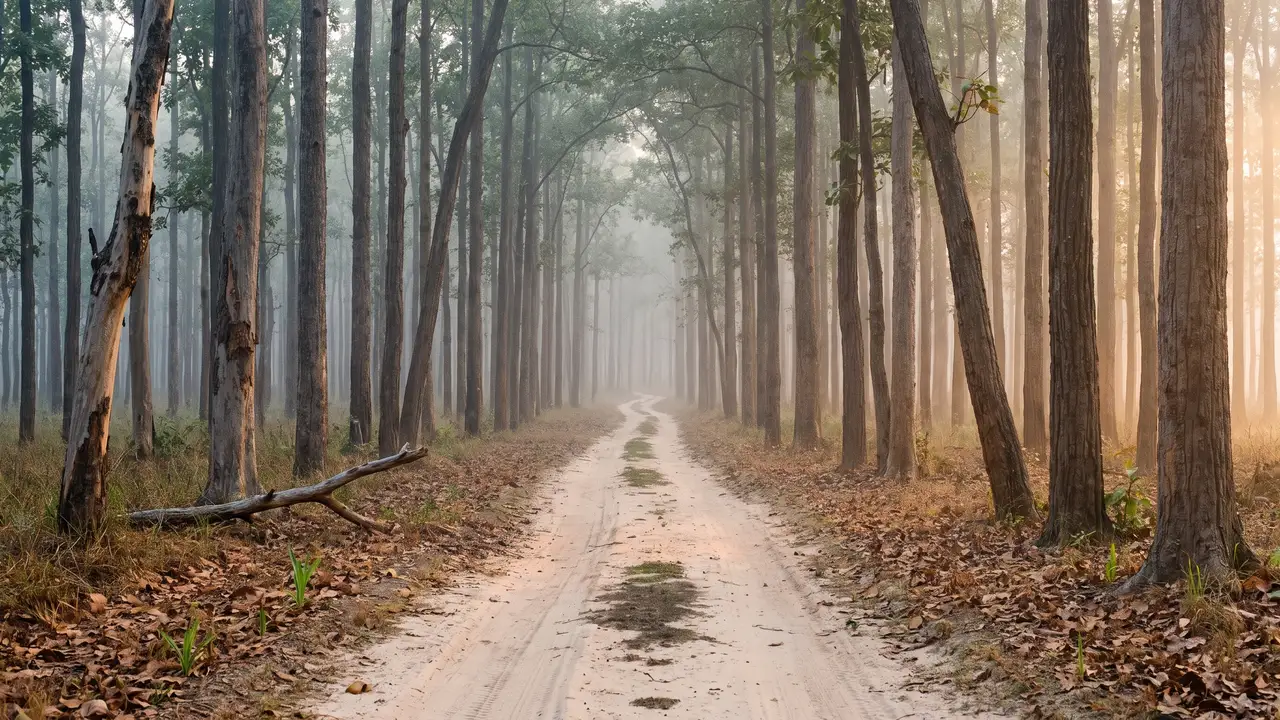 A sandy forest track running between tall sal trees at dawn, with even mist hanging between the trunks.