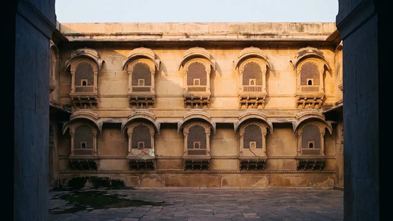 An empty fort courtyard wall of carved jharokha balconies and honeycomb jali screens, lit warm by low sun against deep shadow.