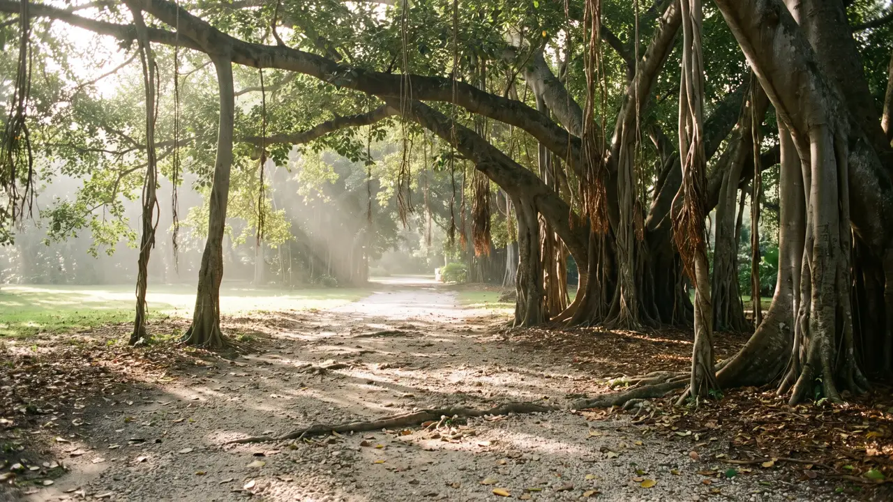 A gravel avenue passing beneath a giant banyan tree with hanging aerial roots in dappled morning light.