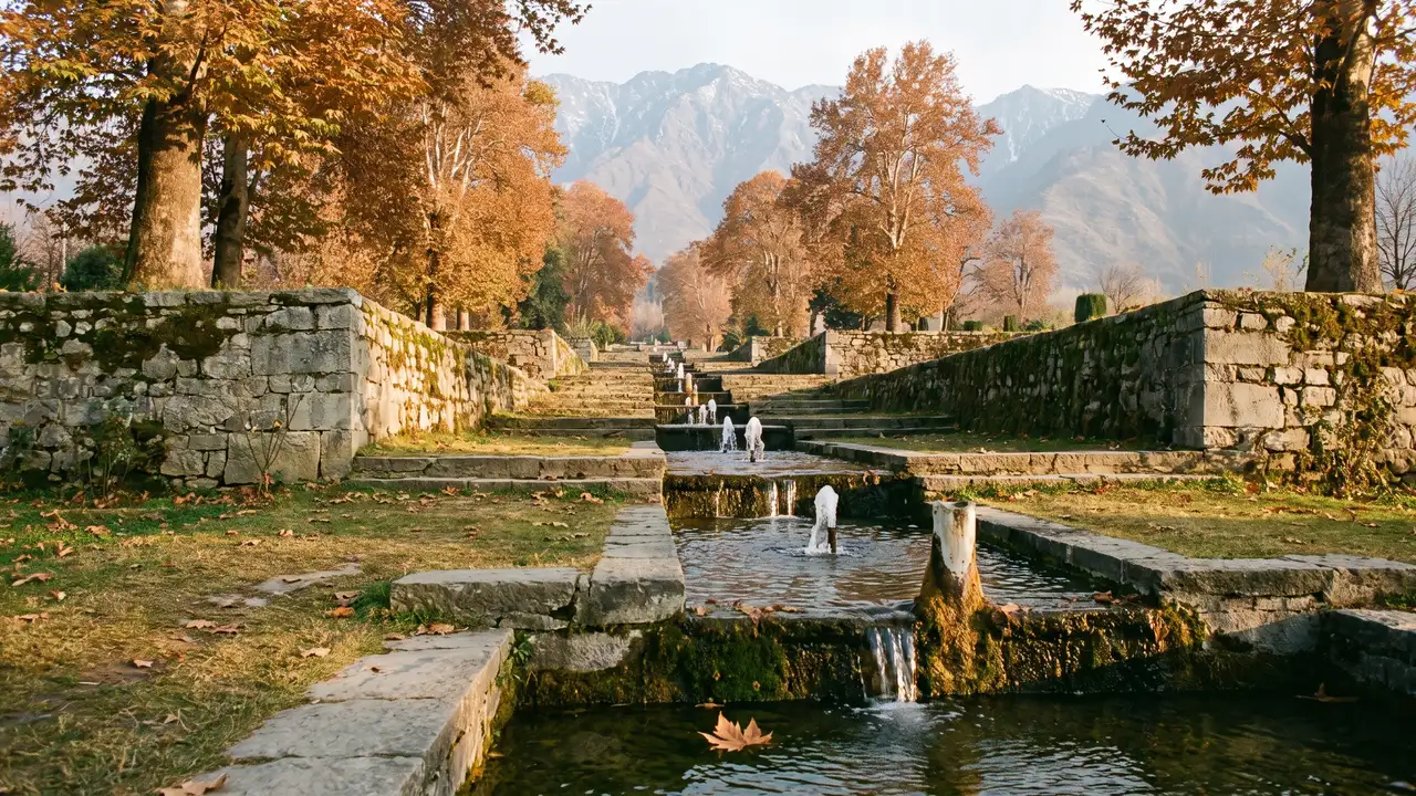 A terraced garden with a stepped stone water channel between amber chinar trees, mountains soft in the haze beyond.