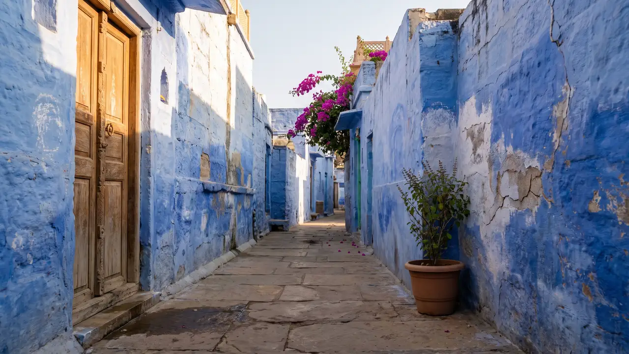 A narrow indigo-washed old-town lane with a carved wooden door, a potted tulsi and bougainvillea in morning light.