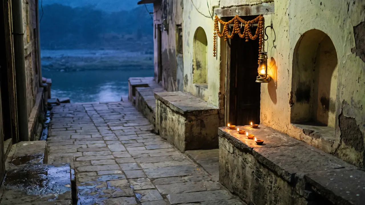 A stone-paved lane sloping toward a river at dusk, lit by small clay lamps and a hanging brass lamp, with a marigold string on a lintel.