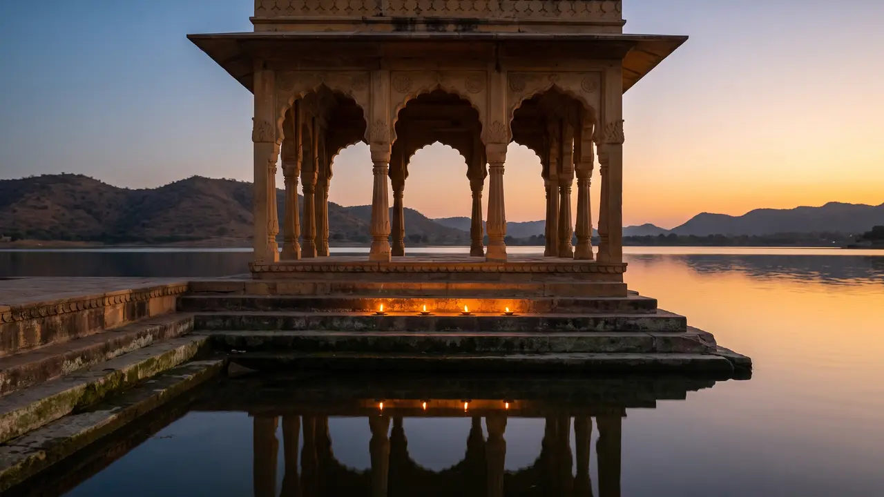 A carved sandstone pavilion on lakeside ghat steps at dusk, cusped arches and columns silhouetted against an orange sky, clay oil lamps glowing on a step and doubled in calm water, low scrub hills beyond.