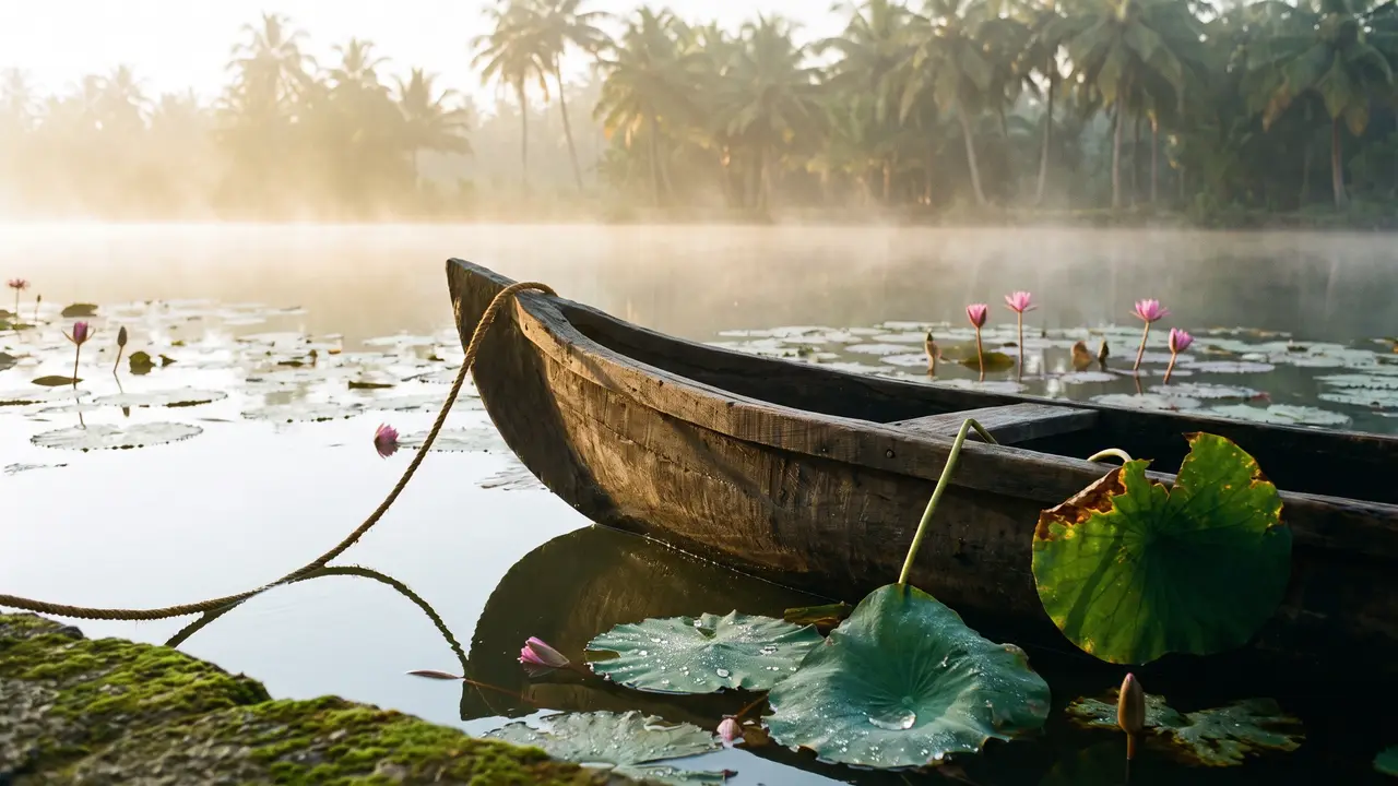 A misty lowland lake scattered with pink water lilies and floating pads in early morning light, an empty weathered wooden boat reaching in from the right with its mooring rope trailing to a mossy rock.