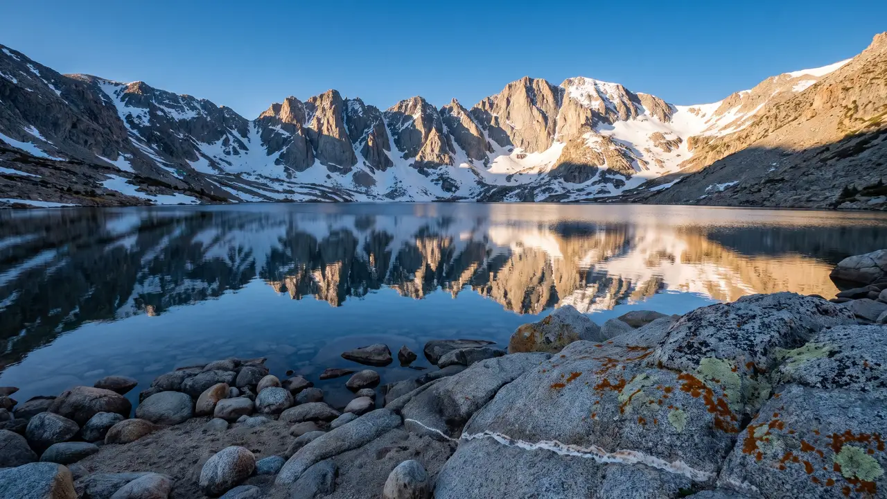 A still high-altitude lake mirroring snow-capped peaks under a clear sky, with lichen-spotted granite boulders along the near shore.