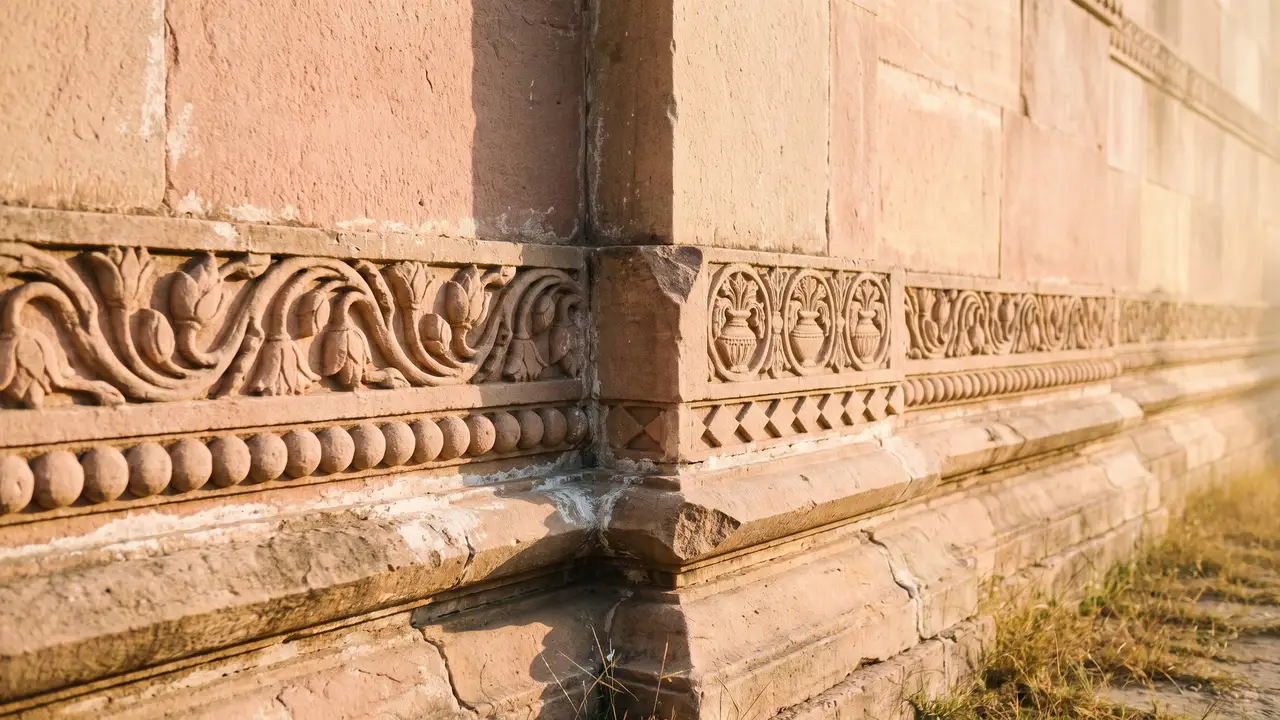 A weathered pink sandstone wall raking away from the camera, its carved frieze of lotus scrolls, beading and stepped diamonds lit by low side light.
