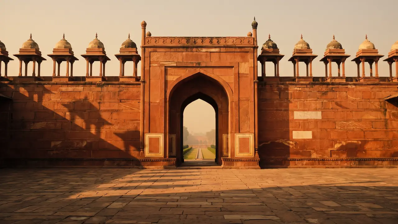 A broad red-sandstone gateway with a tall pointed arch, white geometric inlay and small domed chhatris, glowing in low golden light over an empty courtyard.