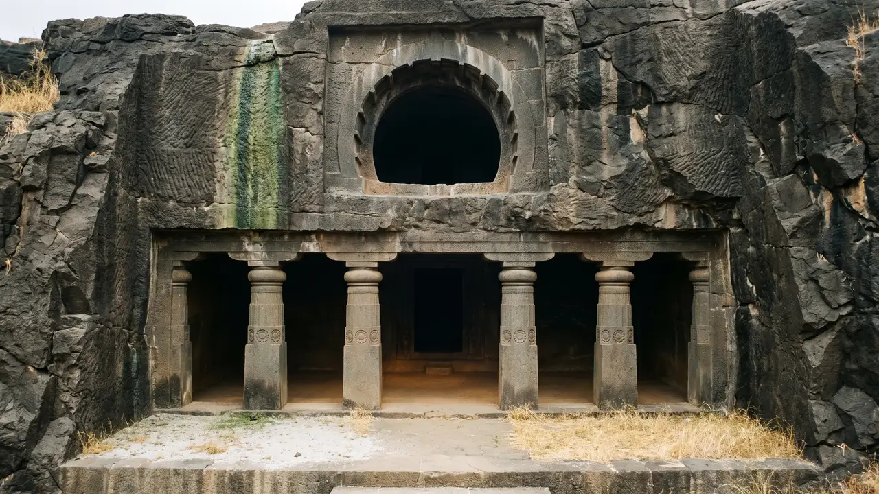 A rock-cut cave facade in dark basalt with a horseshoe-arched window and plain octagonal pillars, the empty porch opening into shadow.
