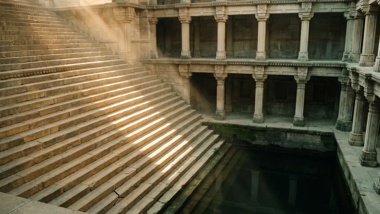 Broad flights of sandstone steps turning at right angles and tiers of carved pillared galleries descending into a shadowed stepwell, with shafts of morning sunlight falling across the stone.