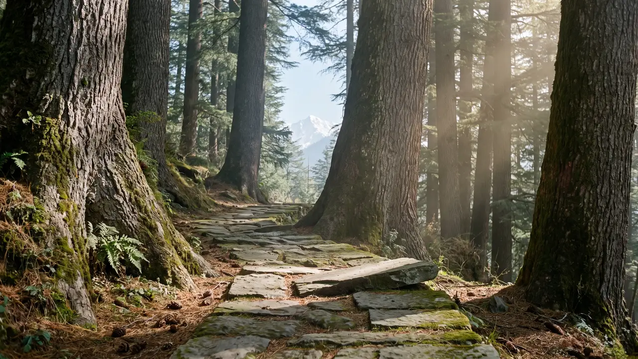 A stone-flagged footpath winding through tall deodar cedars with morning sun shafts, a distant snow peak visible through a gap in the trees.
