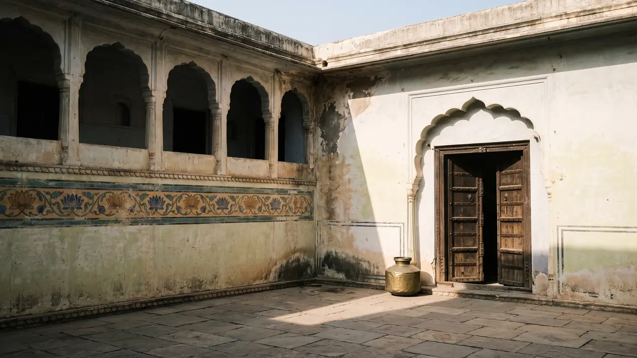 A haveli courtyard with a faded floral painted border, carved wooden doors and a plain brass water urn in morning light.