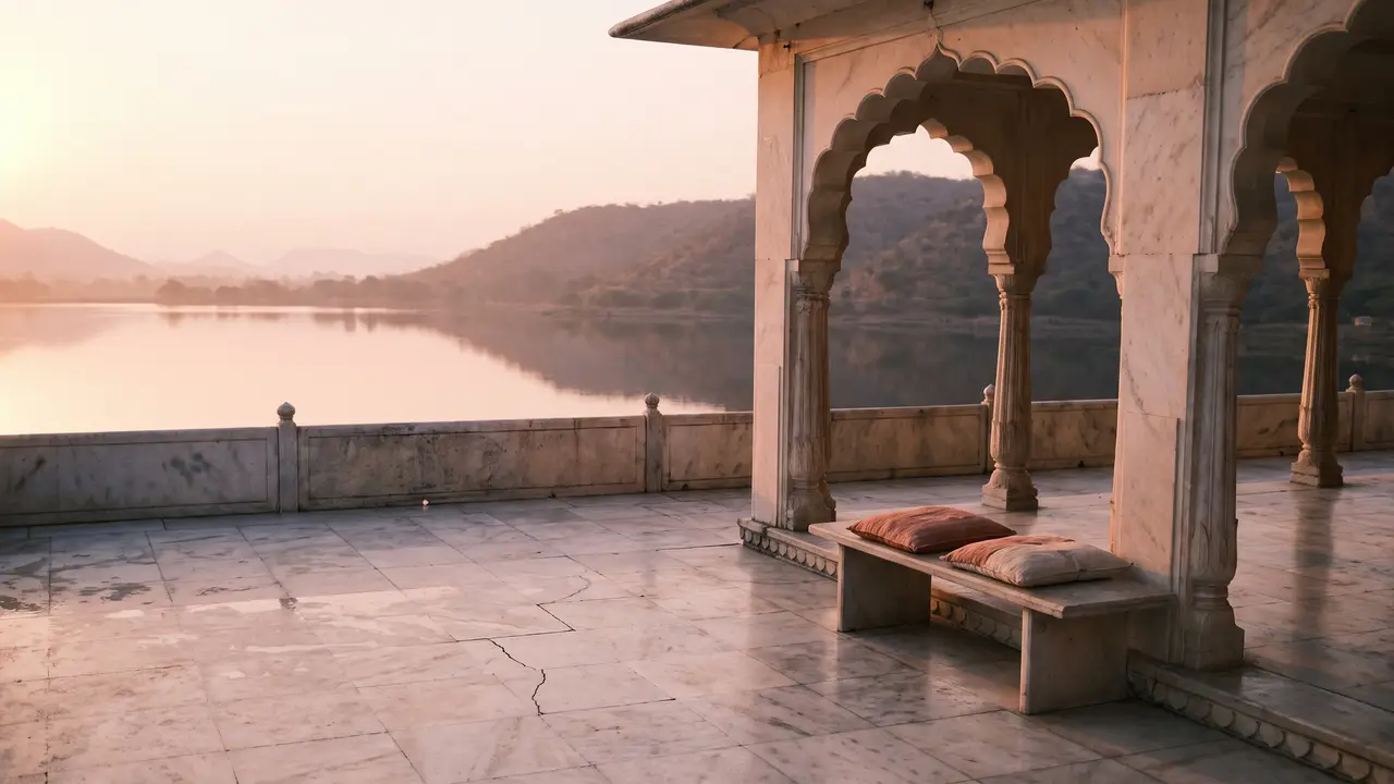 A white marble palace terrace with scalloped arches and two cotton cushions on a stone bench, above a still empty lake at dawn.