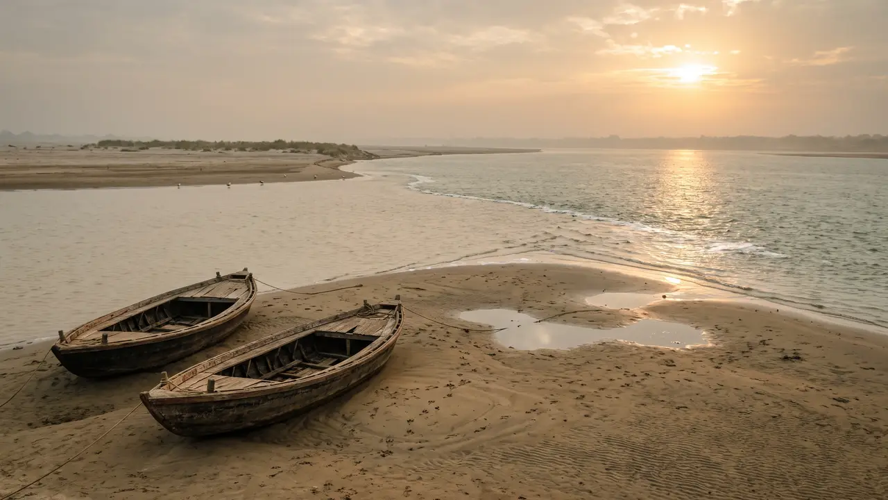 Two rivers of different colours meeting beside a wide sandbank at dawn, with two wooden boats and distant gulls.