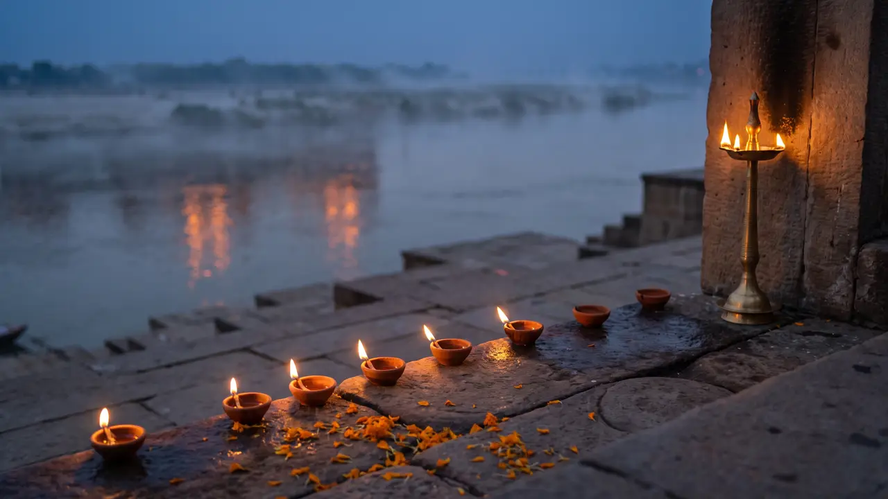 Worn stone steps descending to a misty river at dusk, lined with lit clay lamps and scattered marigold petals.