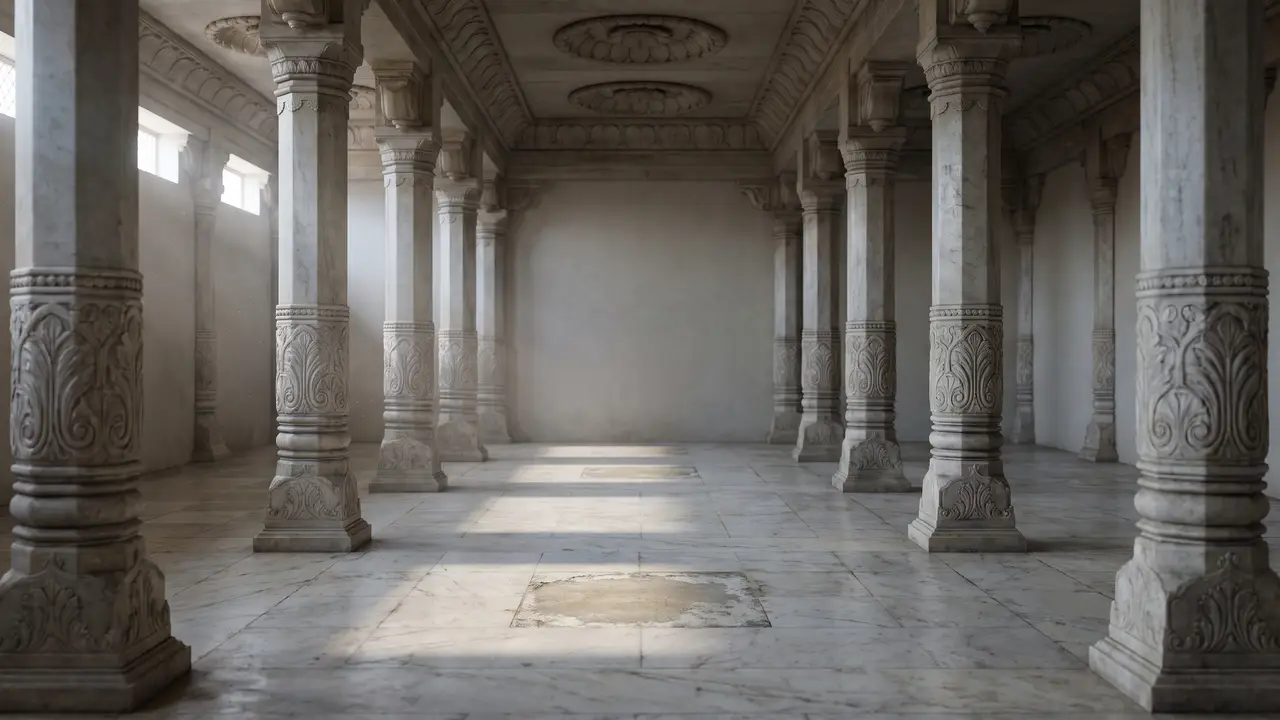 A white-marble pillared hall with rows of carved pillars receding toward a plain far wall, lit softly from a clerestory above.
