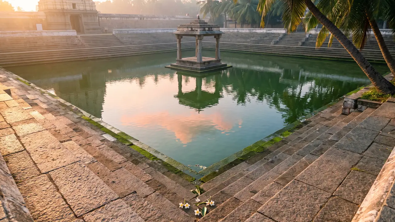 A stepped stone temple tank with a small central pavilion reflected in still water, coconut palms and a plain tower edge beyond.