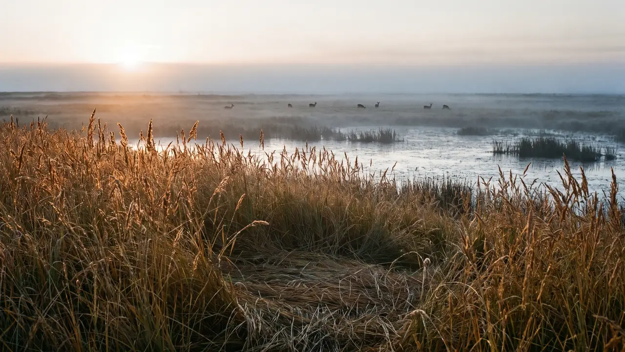 Tall golden grass and a misty marsh at dawn, with a small group of deer grazing far away, tiny against the haze.
