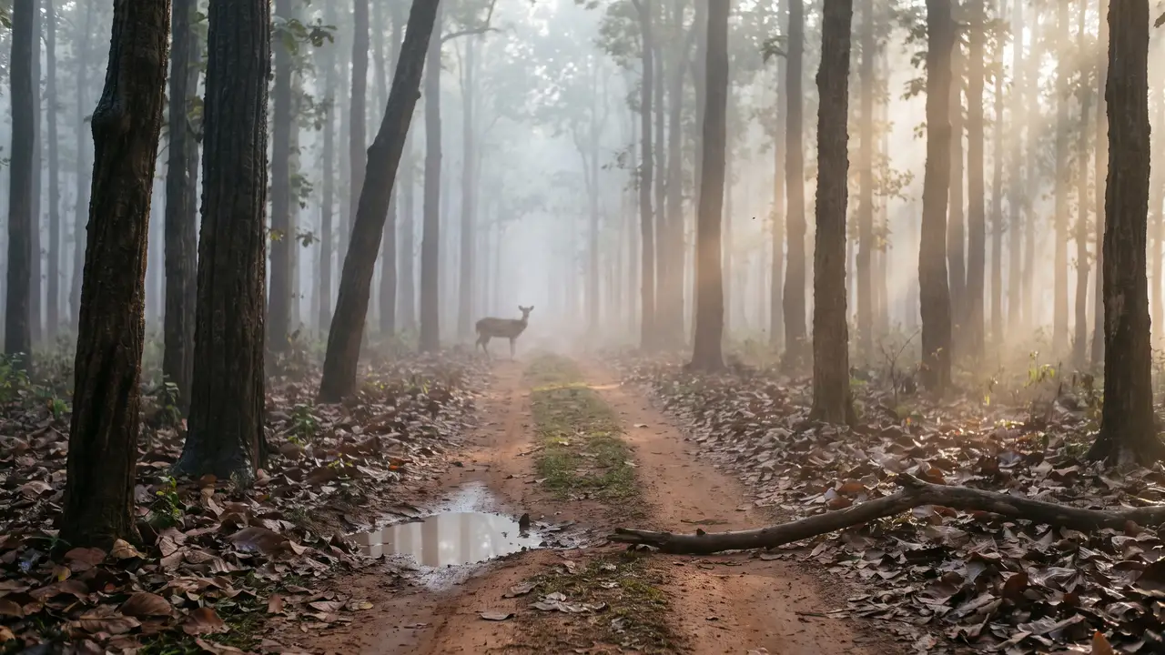 A twin-rutted dirt track running between tall straight sal trunks in dawn mist, with a single deer far off, small and softly out of focus.