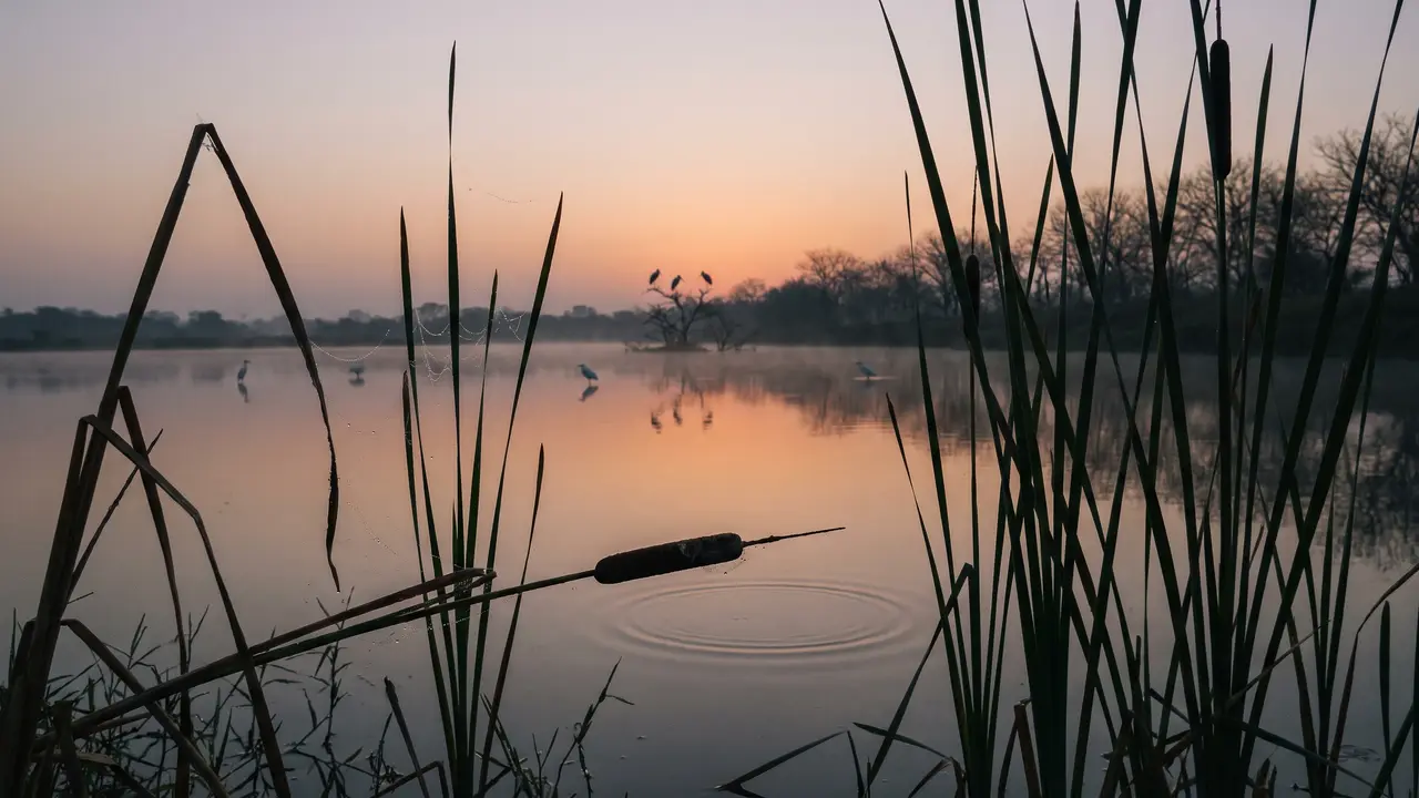 A misty wetland at dawn under a warm apricot sky, dark reeds and a bulrush head in the foreground, a few pale wading birds standing in the shallows and dark perched birds on a bare drowned tree in the distance.