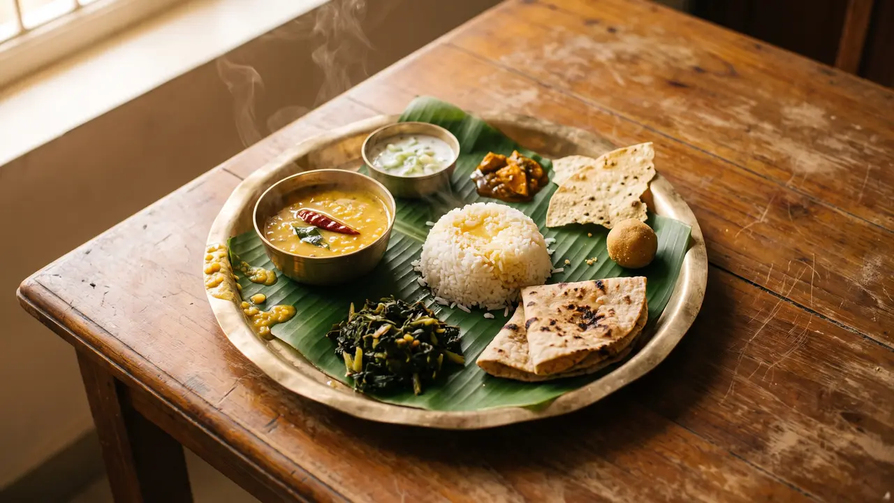 A brass thali lined with a banana leaf, holding dal, ghee rice, greens, roti, cucumber raita, pickle, papad and a laddu, steaming on a worn wooden table in soft window light.