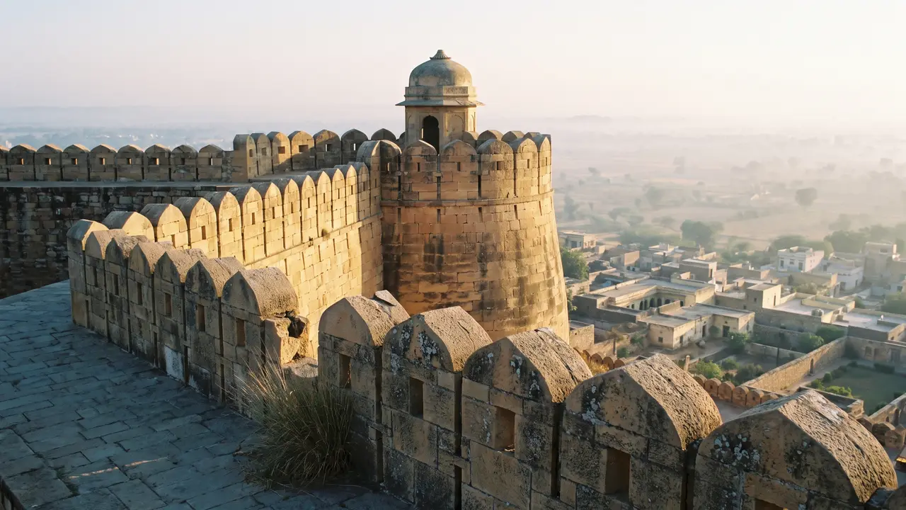 Crenellated sandstone fort ramparts leading to a round bastion at first light, a hazy plain and small old town far below.